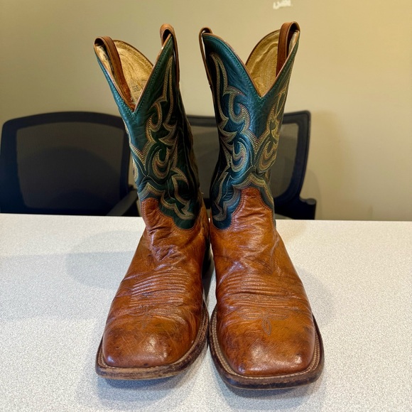 Justin 5505 Western Boot Cognac Smooth Ostrich Leather Square Toe Green 10 D - Picture 4 of 10